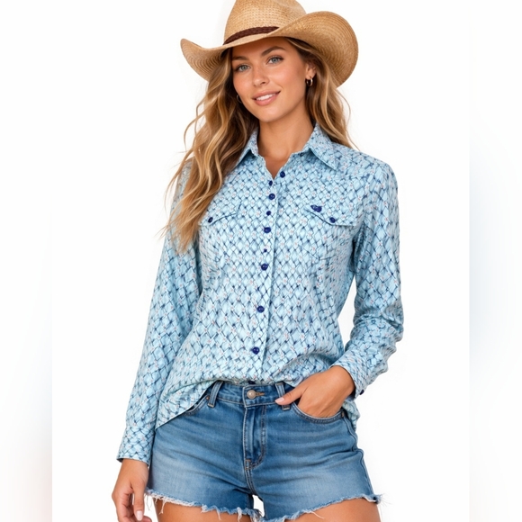 Cinch Tops - Cinch Western Shirt Women's Size Small Blue Geometric Pearl Snap 100% Cotton